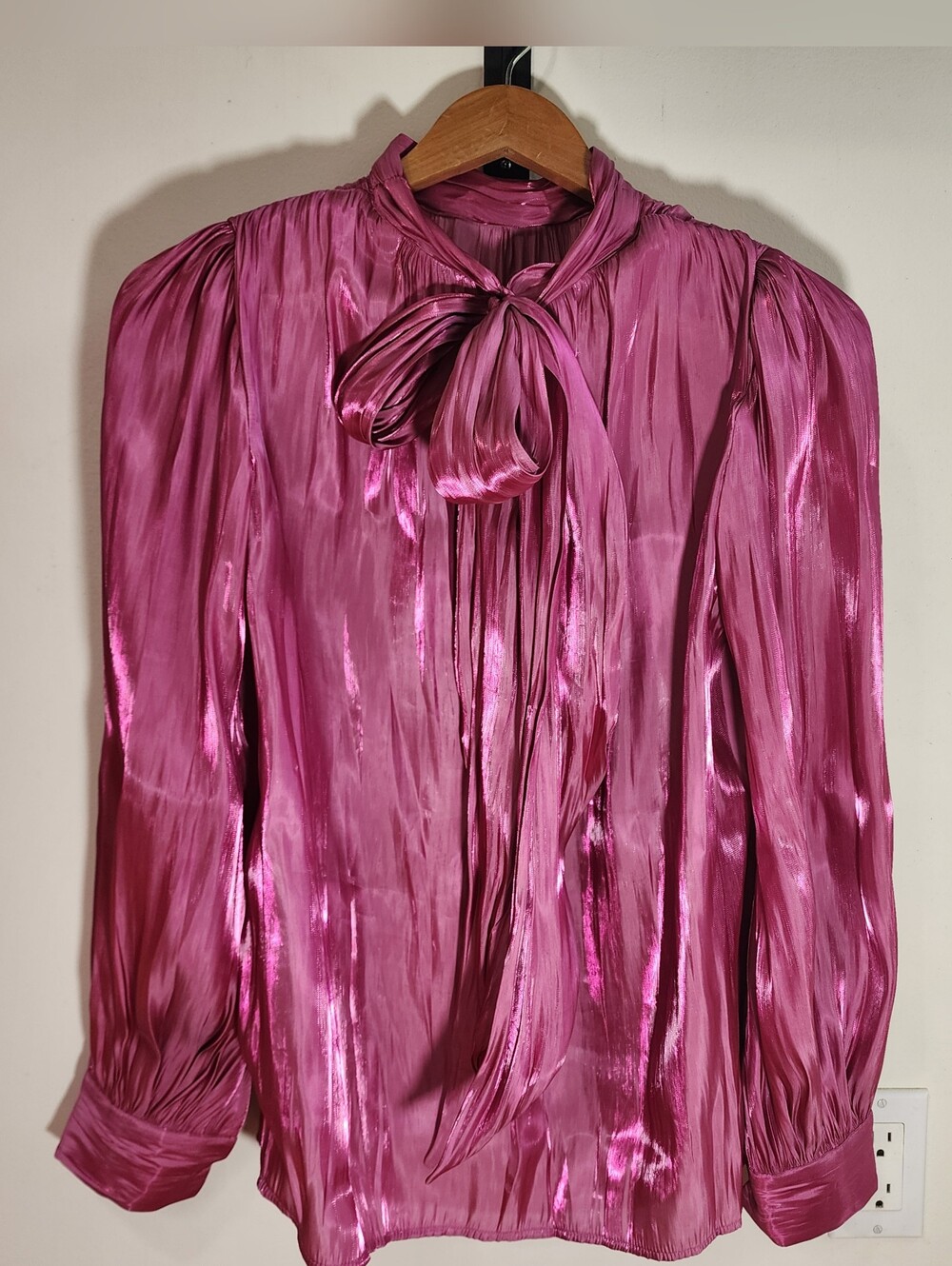 SHEIN Pink Satin Tie Neck Blouse Puff Sleeve Top Size M